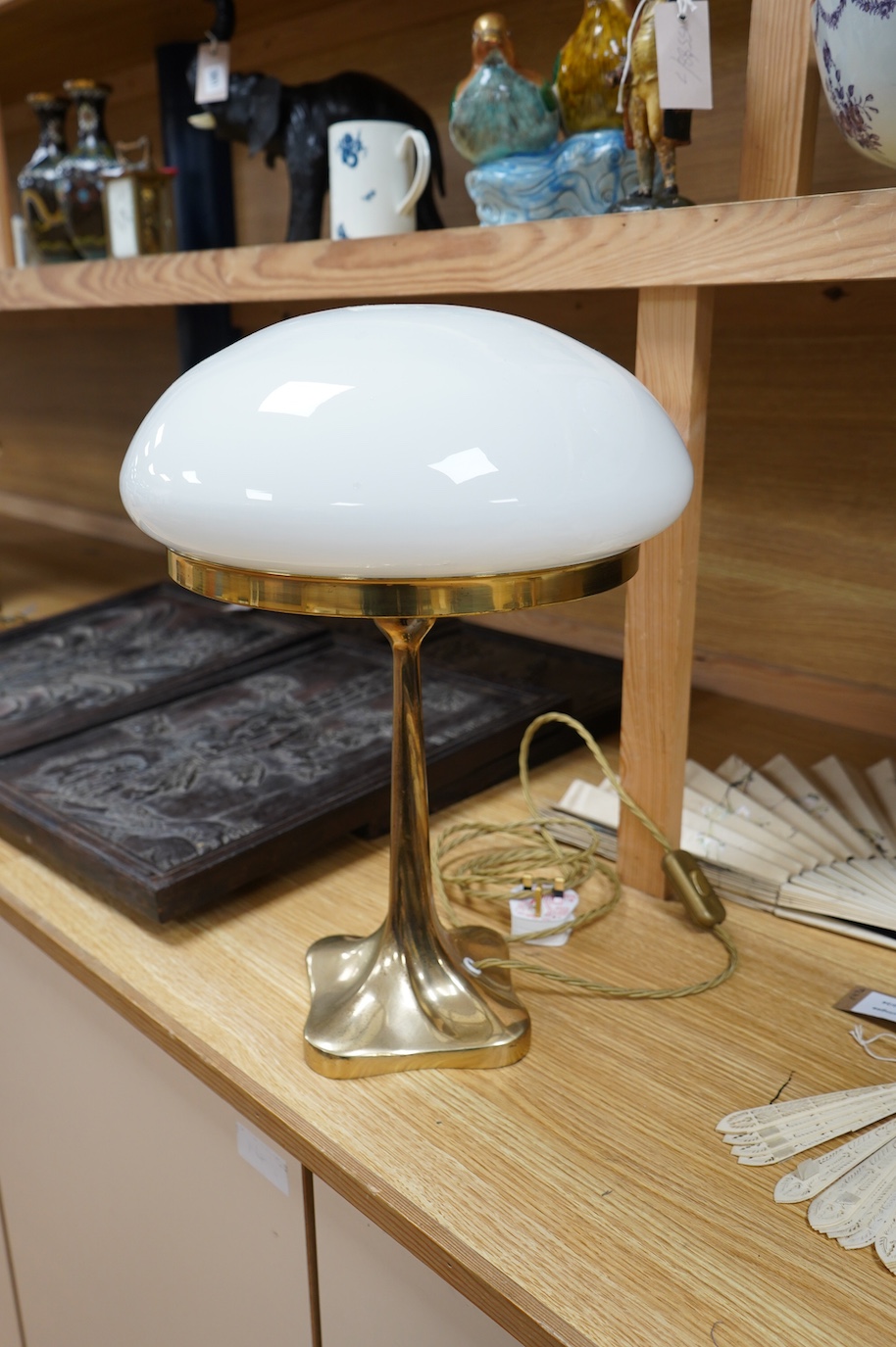 An English Retro brass mushroom style table lamp with opal shade, wired, 41cm high. Condition - good.